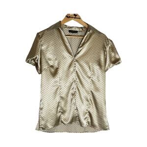 Vintage Women's Herve Benard Satin Cream Button down Polka dot blouse top L